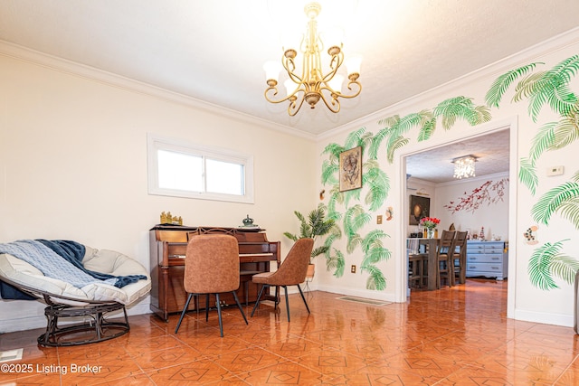 dining space with a notable chandelier, tile patterned flooring, and crown molding