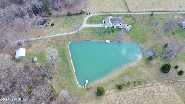 aerial view featuring a water view and a rural view