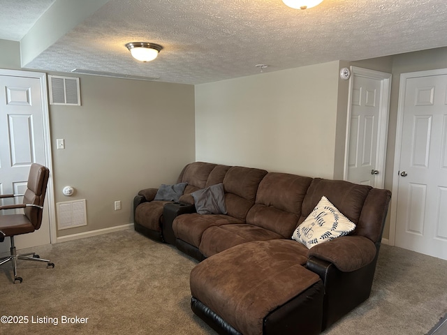 living room featuring carpet flooring and a textured ceiling