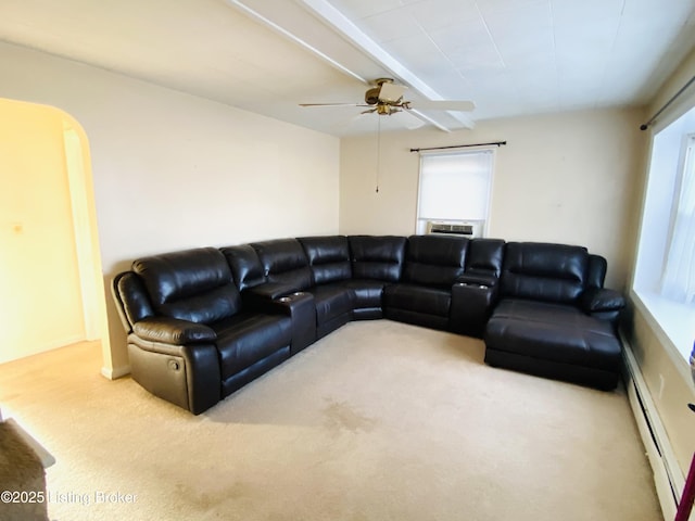 carpeted living room featuring beam ceiling, a baseboard radiator, cooling unit, and ceiling fan