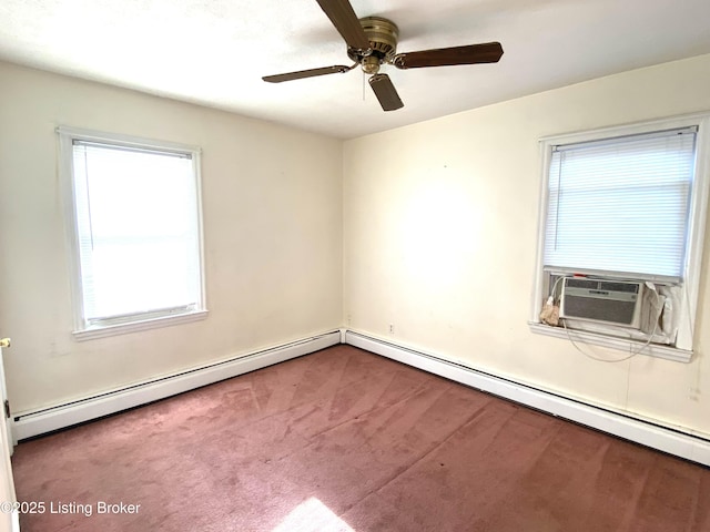 spare room with carpet flooring, cooling unit, ceiling fan, and baseboard heating