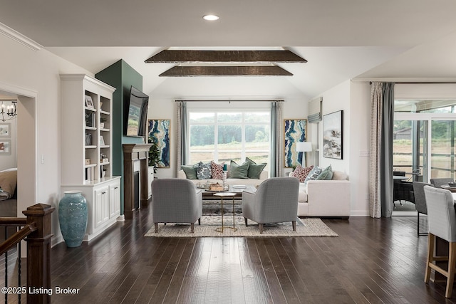 living room with vaulted ceiling with beams and dark hardwood / wood-style floors