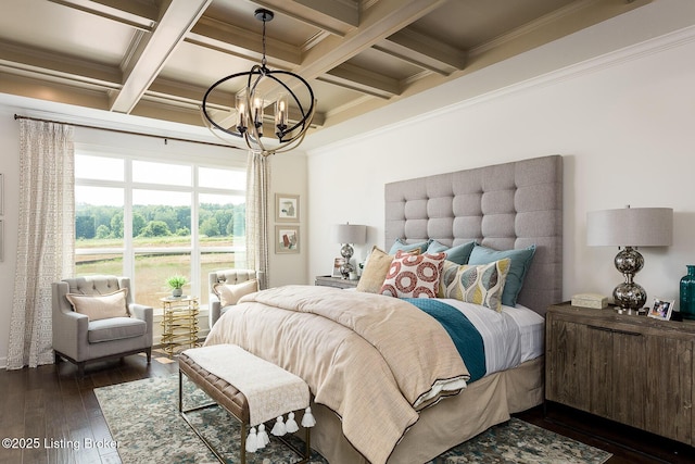 bedroom with beam ceiling, coffered ceiling, an inviting chandelier, dark hardwood / wood-style flooring, and crown molding