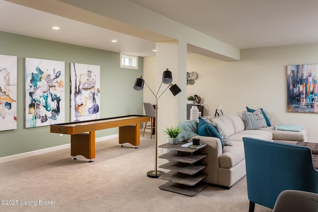 living room featuring light colored carpet and billiards