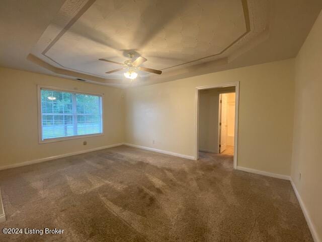 spare room featuring a raised ceiling, ceiling fan, and carpet