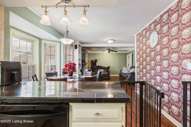 kitchen featuring ornamental molding, ceiling fan, hanging light fixtures, and dark wood-type flooring