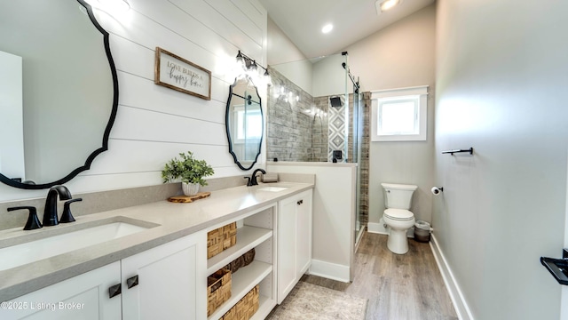 bathroom featuring toilet, wood-type flooring, walk in shower, and vanity