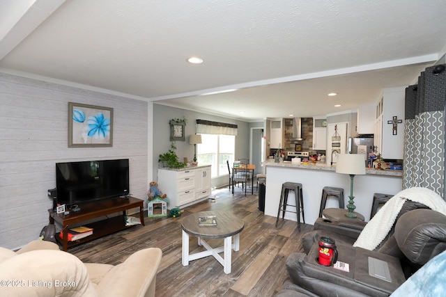 living room with a textured ceiling, sink, and dark wood-type flooring