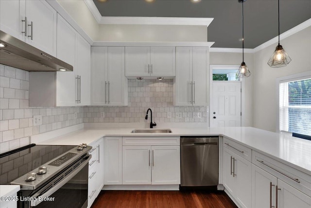 kitchen with sink, hanging light fixtures, stainless steel appliances, backsplash, and white cabinets