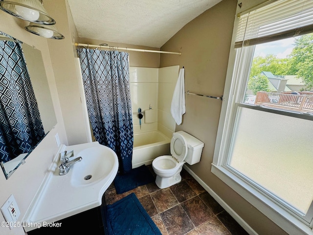 full bathroom with a textured ceiling, plenty of natural light, toilet, and sink