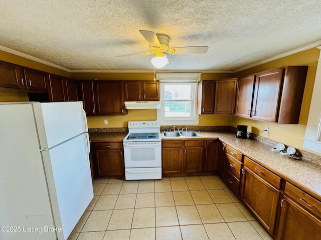 kitchen with white appliances, ceiling fan, crown molding, sink, and light tile patterned floors