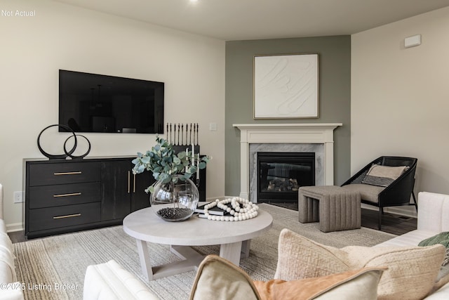 living room featuring a high end fireplace