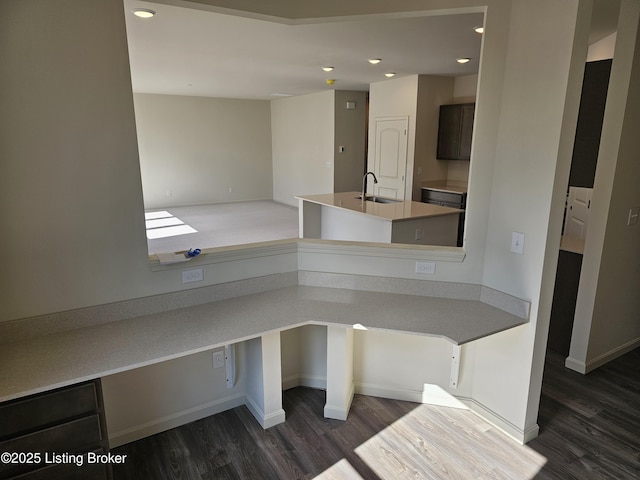 interior space with open floor plan, dark wood-type flooring, a sink, and light countertops