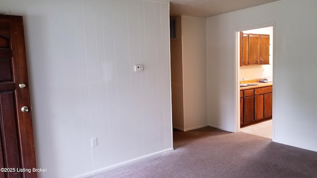 spare room featuring light carpet and sink