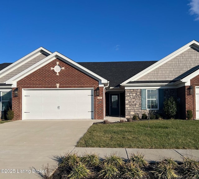 single story home with a front yard and a garage