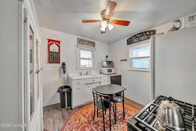 kitchen with white appliances, light hardwood / wood-style floors, white cabinetry, and a wealth of natural light