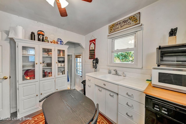 kitchen featuring dishwasher, white cabinetry, ceiling fan, and sink