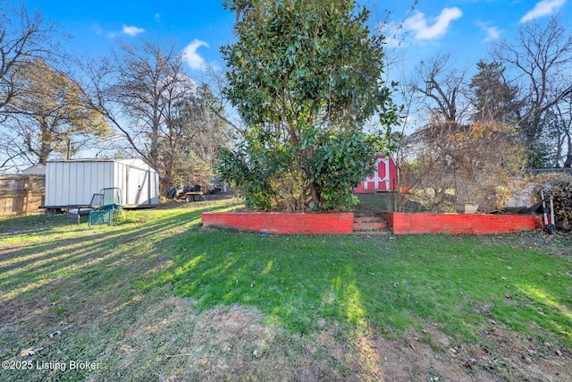 view of yard with a storage shed