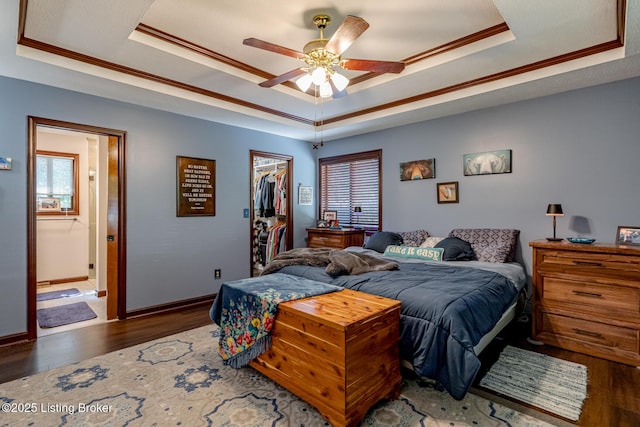 bedroom featuring a closet, a raised ceiling, a spacious closet, and ceiling fan