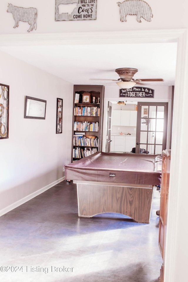 playroom with ceiling fan and pool table