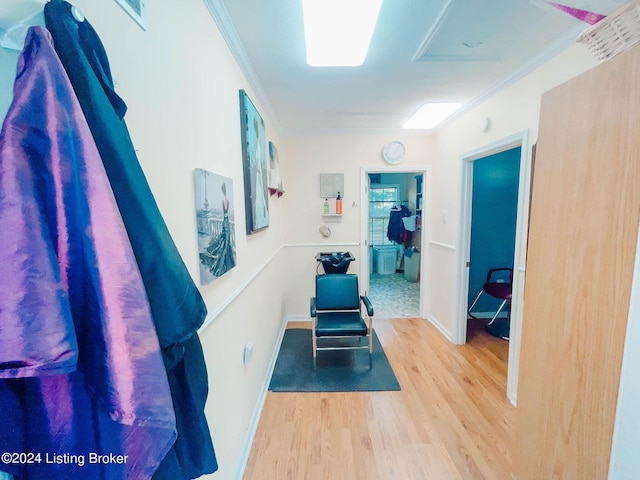 hall featuring hardwood / wood-style floors and crown molding