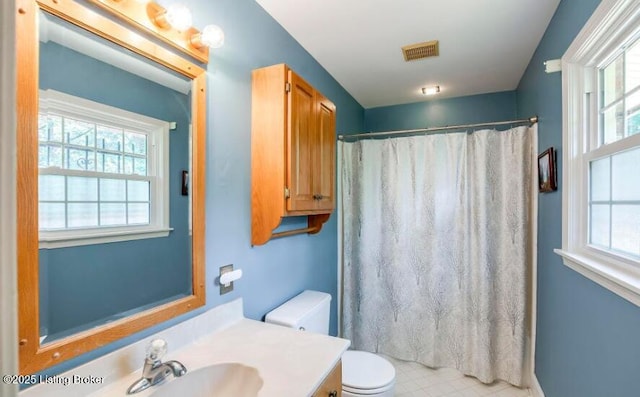 bathroom with vanity, toilet, and walk in shower