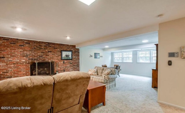 living room featuring a fireplace and light colored carpet