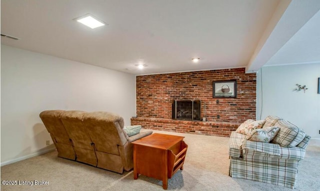 living room featuring carpet floors and a brick fireplace