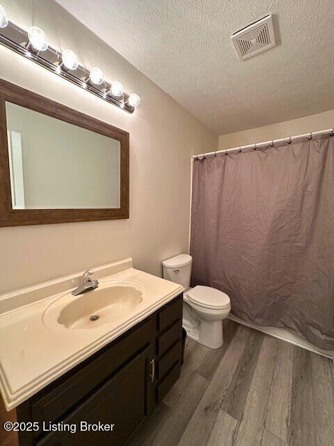 bathroom featuring a shower with curtain, vanity, a textured ceiling, wood-type flooring, and toilet