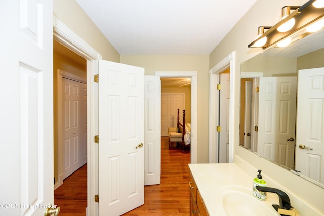 bathroom featuring hardwood / wood-style flooring and vanity