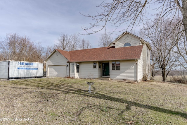 ranch-style house with a garage and a front yard