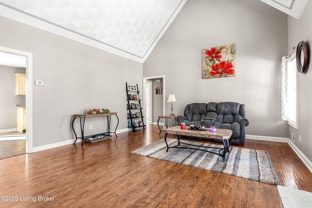 living room featuring crown molding, dark hardwood / wood-style floors, and high vaulted ceiling