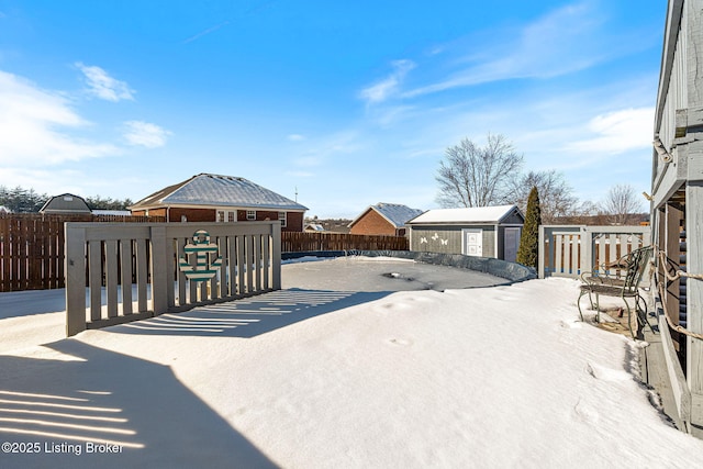 exterior space with a storage shed