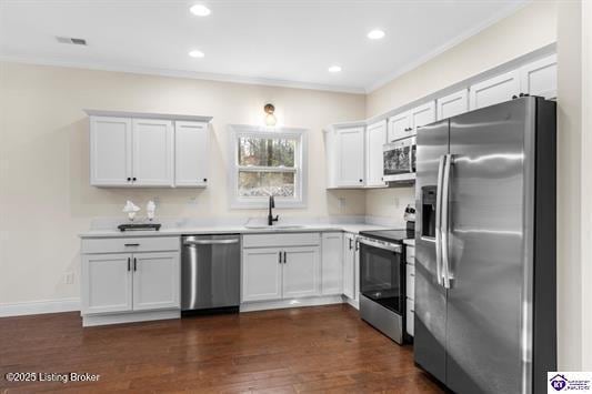 kitchen with sink, dark wood-type flooring, appliances with stainless steel finishes, white cabinets, and ornamental molding