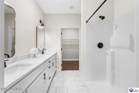 bathroom with vanity and walk in shower