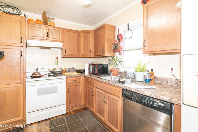 kitchen with dishwasher, sink, white range with electric cooktop, crown molding, and a textured ceiling