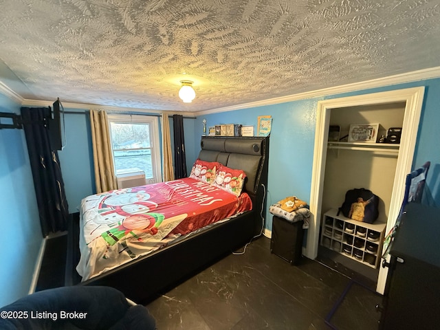 bedroom with a closet, crown molding, and a textured ceiling