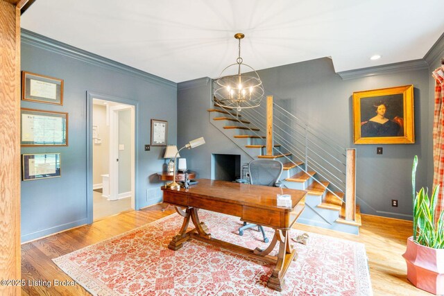 office area with baseboards, wood finished floors, crown molding, a chandelier, and recessed lighting