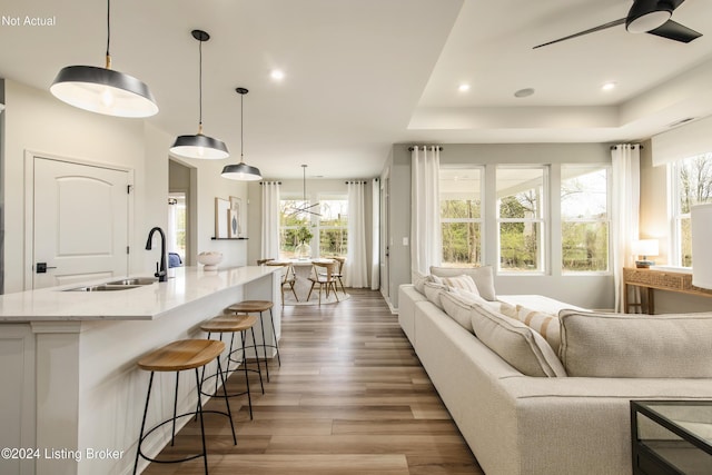 living room featuring ceiling fan, wood-type flooring, sink, and a tray ceiling