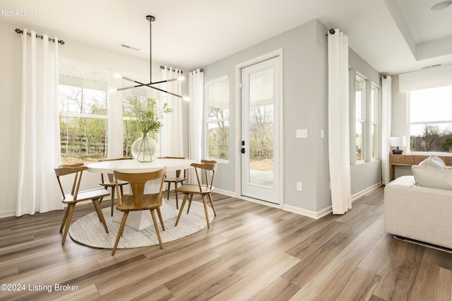 dining area with plenty of natural light, wood-type flooring, and a notable chandelier