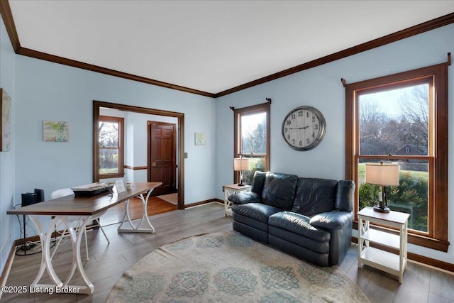 living room with hardwood / wood-style flooring and ornamental molding