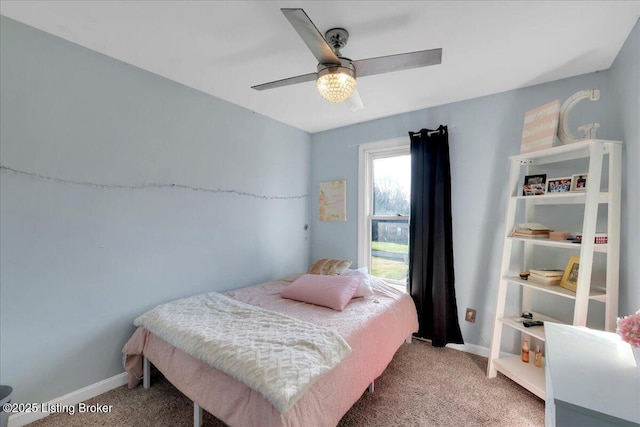 bedroom featuring carpet flooring and ceiling fan