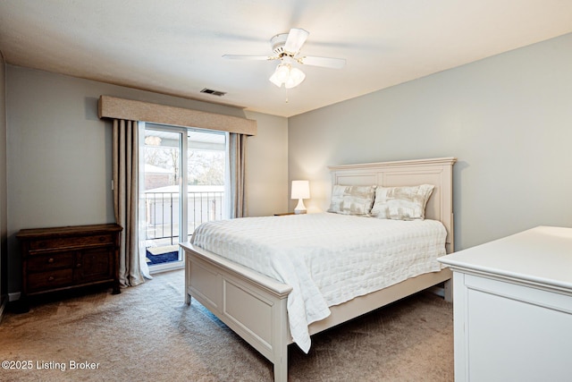 bedroom with ceiling fan, light colored carpet, and access to outside