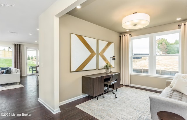 office area with dark wood-type flooring