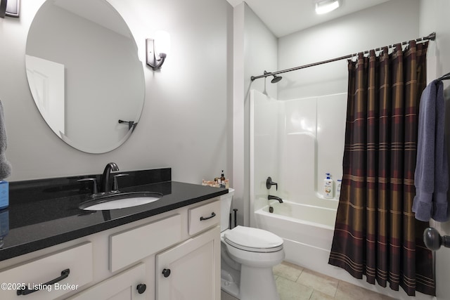 full bathroom with vanity, tile patterned floors, shower / bath combo with shower curtain, and toilet