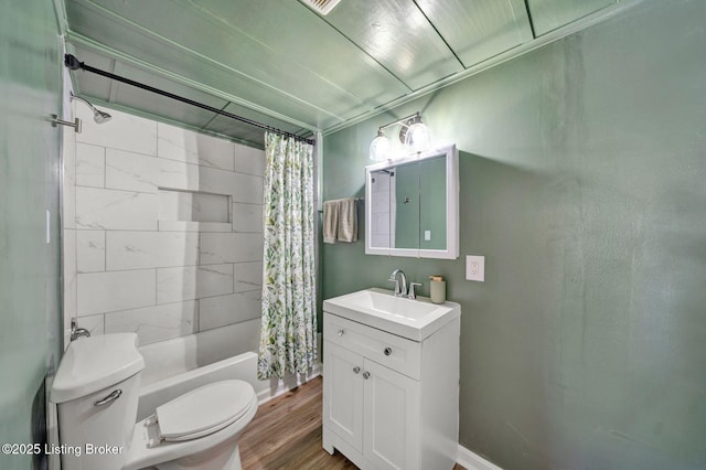 full bathroom with toilet, vanity, shower / bath combination with curtain, and hardwood / wood-style flooring