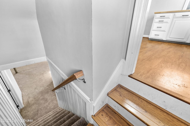 staircase featuring carpet flooring