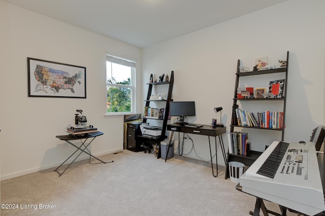 home office featuring light carpet