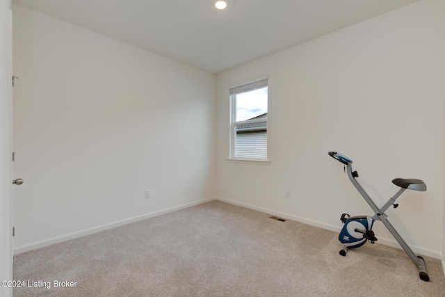 workout area featuring light carpet