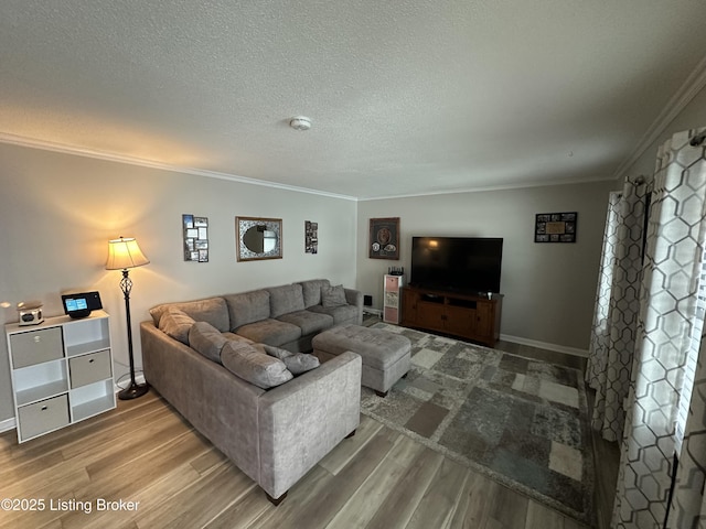 living room featuring a textured ceiling, wood-type flooring, and crown molding